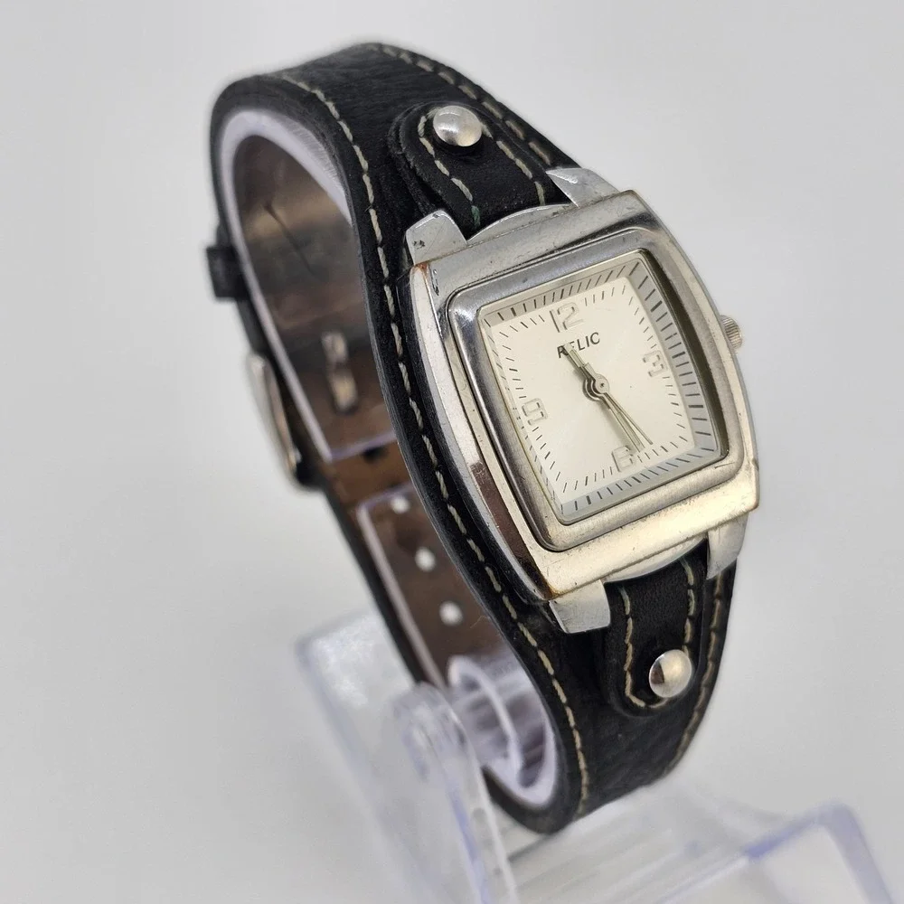 Relic Women's Watch 26mm Gray Dial Black Leather‎ Cuff Band New Battery